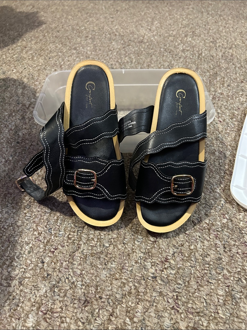 Cato Black and Tan Slide Sandals with Buckle Accent